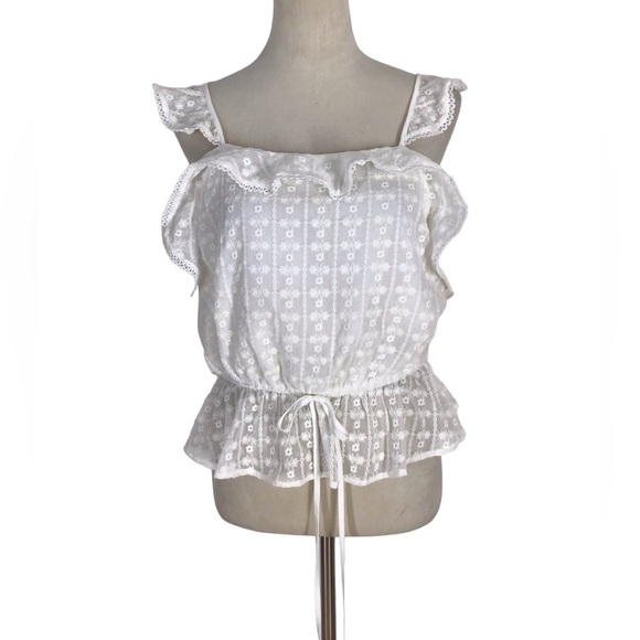 J.O.A. Sleeveless Lace Insert Sleeveless Ruffle Blouse Size Large - Picture 1 of 5